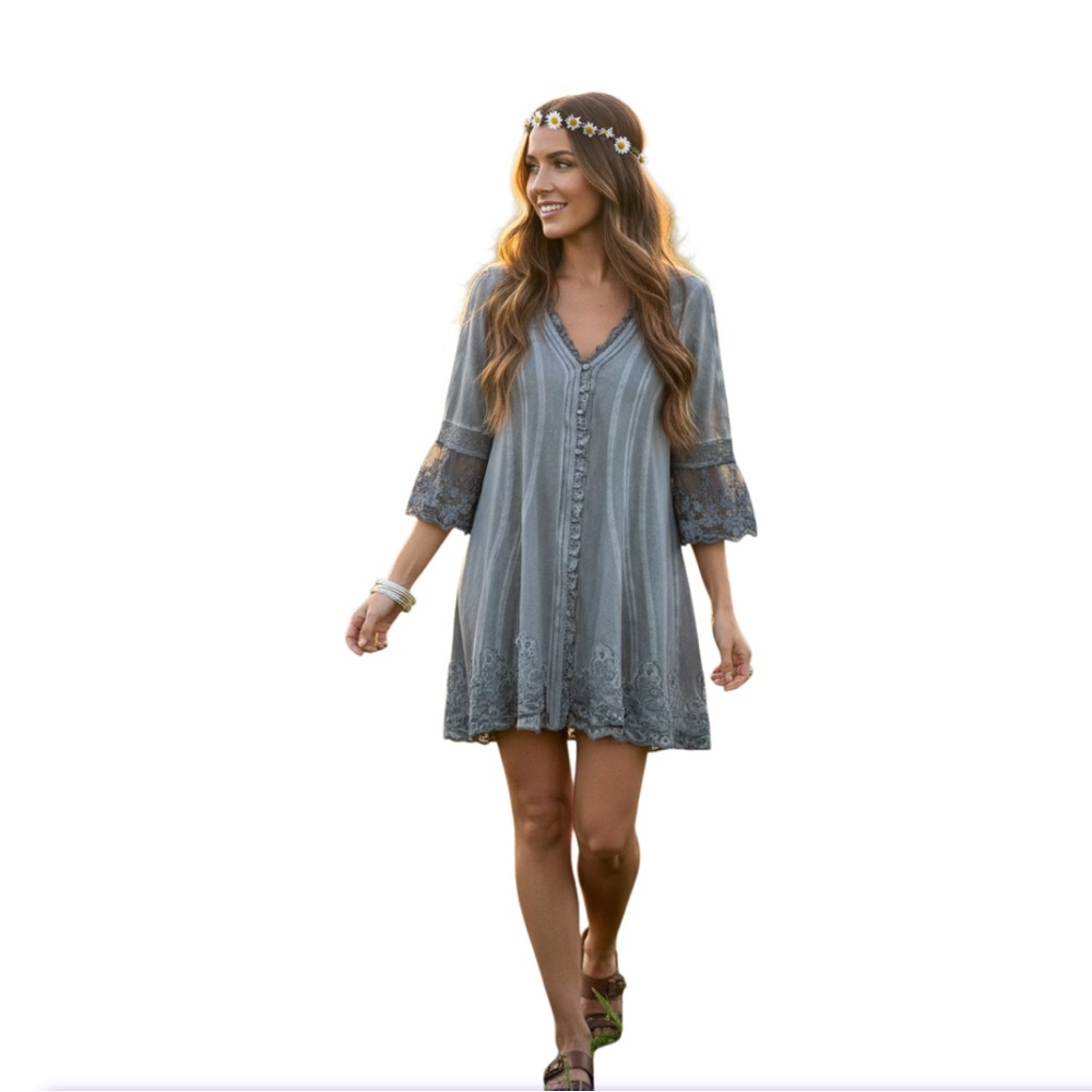 Gretty‎ Zueger Gray Women's Dress Cardigan Lagenlook Boho Romantic Size Small